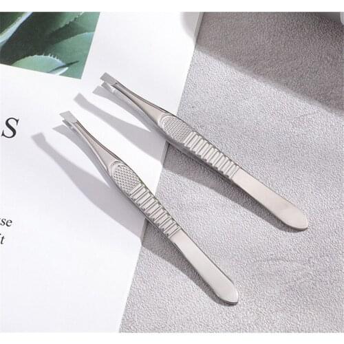 Hot Selling Stainless Steel Eyebrow Nip Clip Slanting Plain Mouth Tweezers for Mustache Removing E405