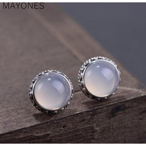 MAYONES 925 Sterling Silve White Chalcedony Natural Stone Stud Earrings Gemstone Handmade Vintage Thai Silver Flower Carved