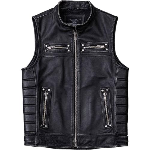 DHL Free Shipping Vintage Edging Black Motorcycle Leather Vest Men 100% Calf Skin Vests Man Biker Waistcoat Sleeveless Jacket