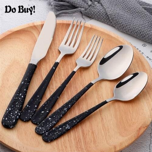 5 Pcs/Set Black Silver Dinnerware Set Stainless Steel With White Dot Handle Cutlery Set Kitchen Food Tableware Set