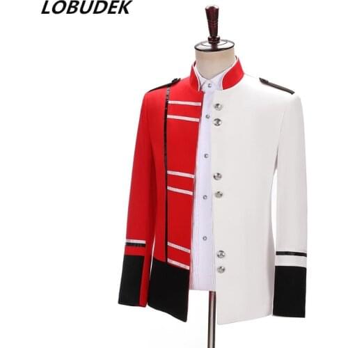 Male Singer Fashion Performance Coat Red White Splice Stand Collar Blazers European Court Military Uniform Host Stage Costume