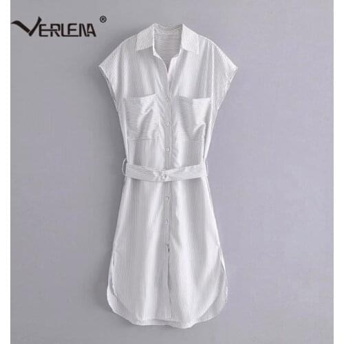Verlena 2019 Pockets Vertical Stripe Women Summer Dress Short Raglan Sleeve Single Breasted Button Belt Curved Split Shirt Dress