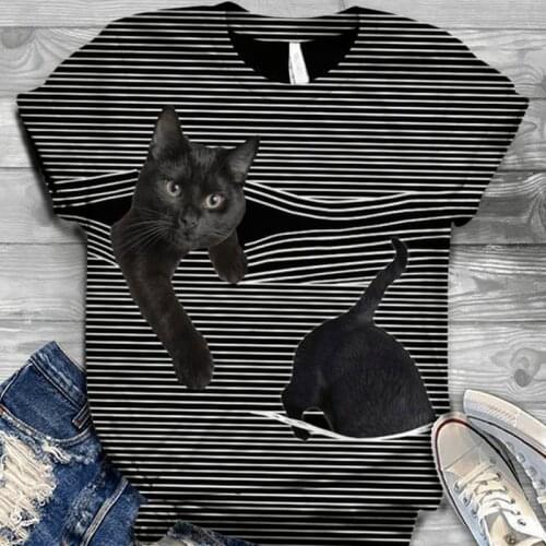 Striped Cat Print Fashion Casual Short Sleeve T-Shirt Retro Classic Black White Striped O-Neck Pullover Tops Women Street Tshirt