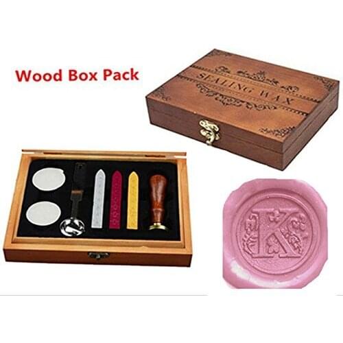 Luxury Letter K Wood Gift Box Pack Vintage Alphabet Initial Engraved Wedding Invitation Classical Old-fashioned Antique Wax Seal