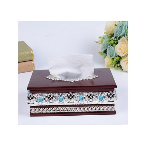 Europen luxurious rectangle hollow wood tissue box with Imitation diamond inlay metal napkin holder tissue holder ZJH037