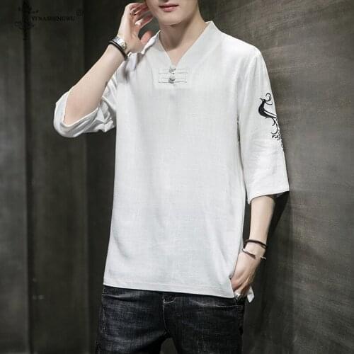 Kimono Japanese Men Three Quarter Sleeve Shirt T-shirt Summer Japan Style Embroidery Thin Tops Male Yukata Cardigan Costume New