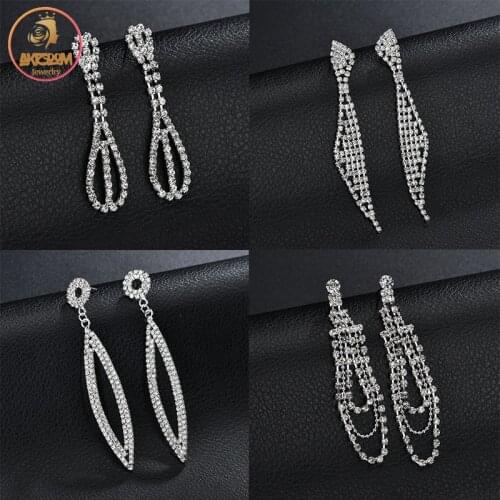 Akizoom Tassel Crystal Feather Drop Earrings Stainless Steel Rhinestones for Women Fashion Wedding Jewelry Birthday Gift