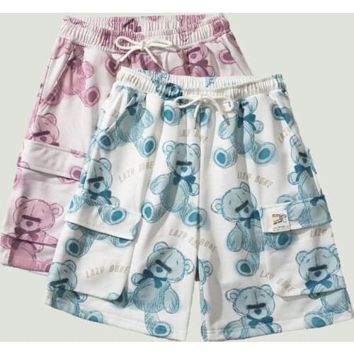 Mens Short Streetwear Summer Hip Hop Oversize Bears Print Pockets Soft Polyester Harajuku Sweatpant Drawstrings Casual Shorts