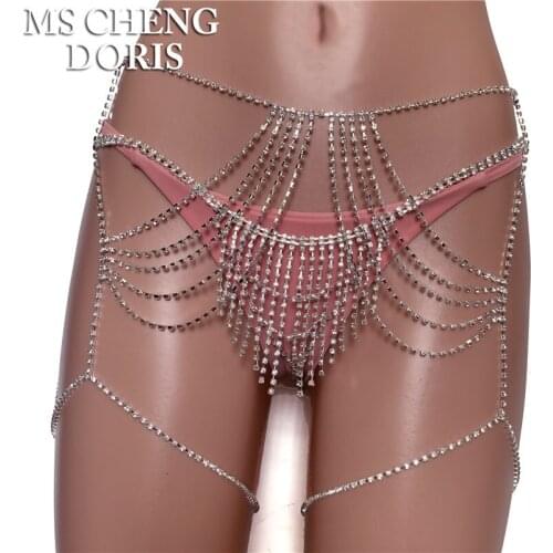 Sexy Tassel Rhinestone Waist Chain Body Jewelry for Women Bling Crystal Waist Thigh Chain Underwear Bikini Accessories Copper