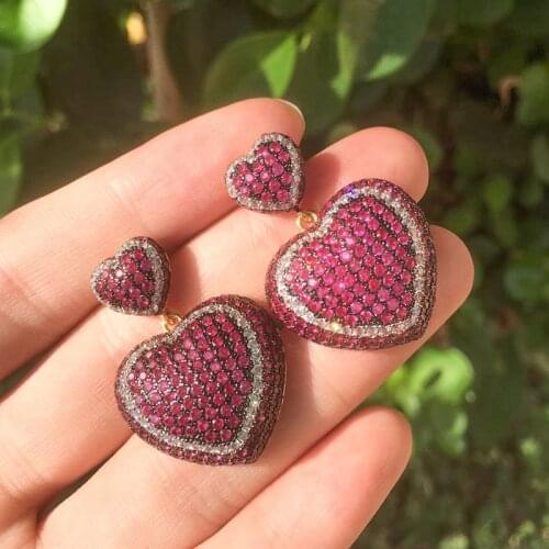 Funmode High Quality Red Cubic Zircon Pave Heart Pendant Earring For Women Wedding Party Drop Earring aretes de mujer FE132