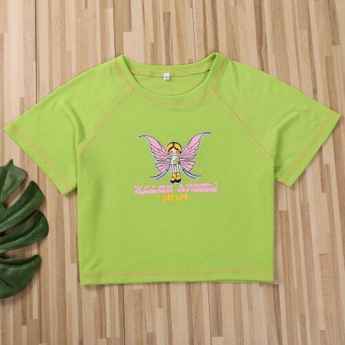 2021 Fashion Womens Crew Neck T-Shirt Summer Casual Short Sleeve round neck Floral/Cartoon Graphic Slim Fitted Crop Short Top