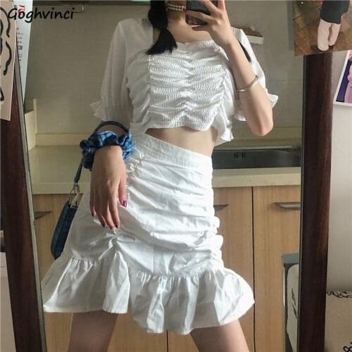 Women Sets Sweet Sexy Girls Ulzzang Solid Ruched Square Collar Short Tops High Waist New Mini Skirts Students Summer Chic Femme