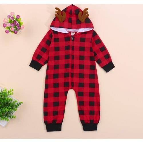 Baby Christmas Clothes Jumpsuit Plaid Cute antlers Hooded Long Sleeve Zipper Romper for Toddler Girls Boys 0-24 Months