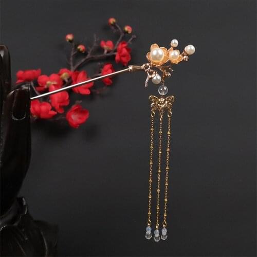 1 Pc Vintage Hair Sticks Super Fairy Butterfly Tassel Pearl Flower Pendant Crystal Hairpin Chinese Classical Hair Accessories