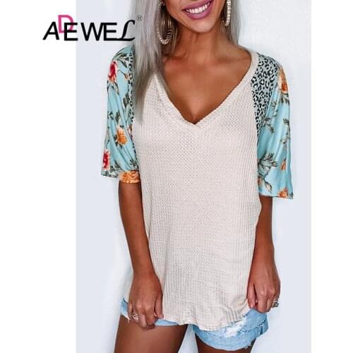 ADEWEL Harajuku Floral Leopard Half Sleeve Waffle Top Plus Size V Neck Roupas Feminina Ropa De Mujer Verano Woman T Shirt 2XL