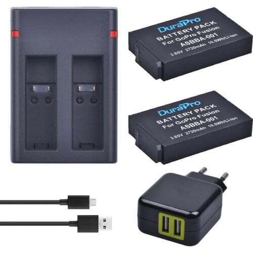 2pc For GoPro ASBBA-001 ASBBA 001 Camera Battery + Dual USB Charger + PLug For GoPro Fusion ASBBA-001 360-Degree Action Bateria