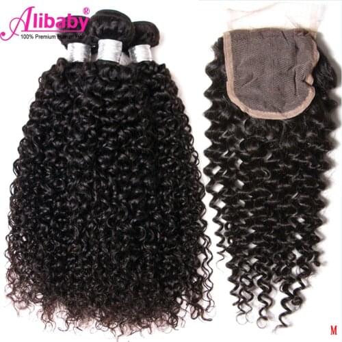 Brazilian Kinky Curly Hair Weave Bundles With 4x4 Lace Closure Human Hair Bundles with Baby Hair Closure Remy M