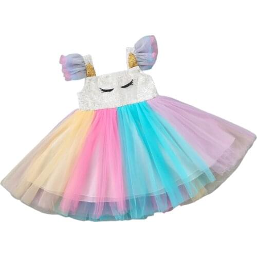 3-7Years Toddler Color Block Tulle Dress Summer Baby Girl Cartoon Fly Sleeve Square Collar One-piece