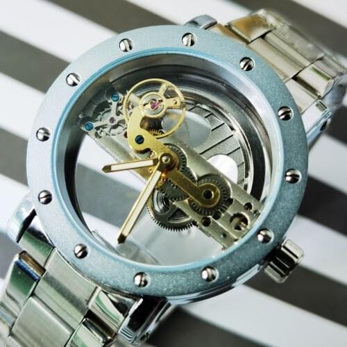 Forsining 2020 Luxury Automatic Mechanical Watch Men Transparent Golden Bridge Watches Classic Silver Strap Clock for Gentleman