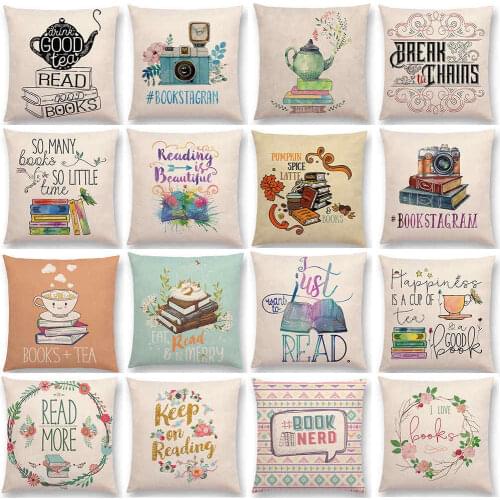 18" Enjoy Time Square Sofa Cushion Cover Tea Books Art Printed Linen Pillow Case