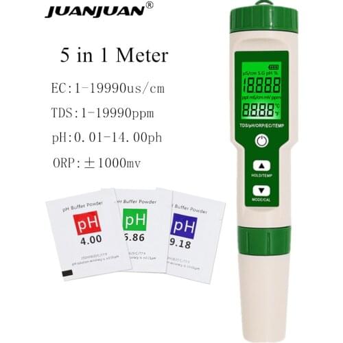 Digital 5 in 1 PH/TDS/EC/ORP/Temperature Meter Water Quality Monitor Tester Waterproof Multi-Function Drinking Water Meter