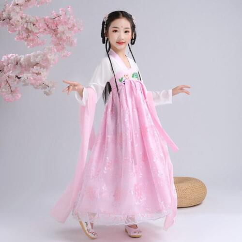 Girls Han Fu Princess Birthday Party Perform Dresses Embroidery Cheongsam Dress Traditional Kids Dance Wedding Evening Gown