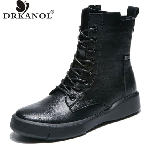 DRKANOL Fashion Retro Mid Calf Leather Boots Women Retro Soft Rubber Sole Round Toe British Style Winter Warm Mid Calf Boots