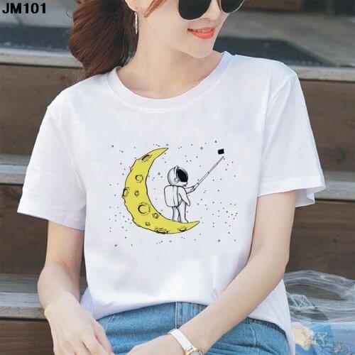 Funny Space Astronaut Printed Woman T-shirt Summer Casual Womens Top T Shirt Harajuku Fashion Short-sleeved White Female Tshirt