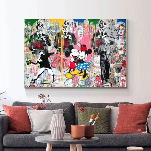 Graffiti Art Disney Mickey and Minnie Hugging Canvas Paintings Posters and Prints Wall Art Pictures for Living Room Home Decor
