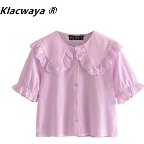Klacwaya Womens 2021 Summer New Fashion All-Match Loose Doll Collar Embroidered Single-Breasted Back Elasticity Shirt Top