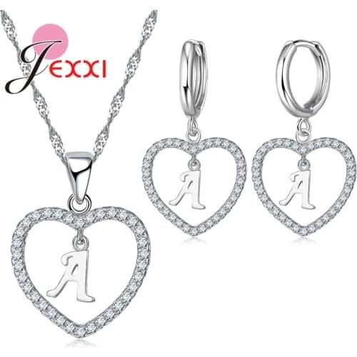 Elegant Heart With Letter Simple Design Crystal Rhinestone 925 Silver Hoop Earrings Necklace Jewelry Set Multiple Styles