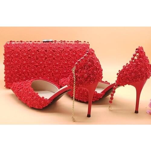 Red Lace Flower Wedding Shoes And Purse Set High Heels Pointed Toe Ankle Strap Ladies Party shoe with matching Bags High Pumps