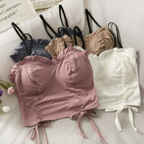 Korean drawstring pleated bow crop tops sexy spaghetti strap tanke top women built in bra 2021 new fungus camisole fashion hot