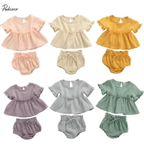 2020 Summer 0-24M 2Pcs Baby Girls Breathable Outfits Solid Short Sleeve Top Shorts Set Toddlers Casual Top with Sweet Shorts