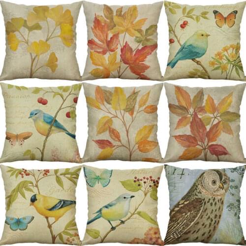 Linen Cushion Animal 18" Case Owl Print Cotton Decor Cover Home Pillow Leaf