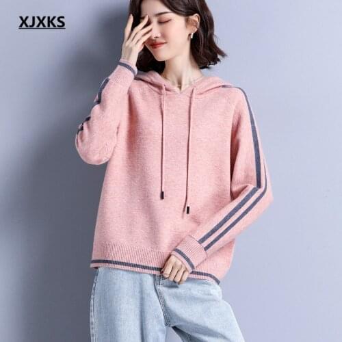 XJXKS Fashion Hooded Women Sweater 2021 Spring Autumn New High-end Wool Knitted Sweater Women Pullover