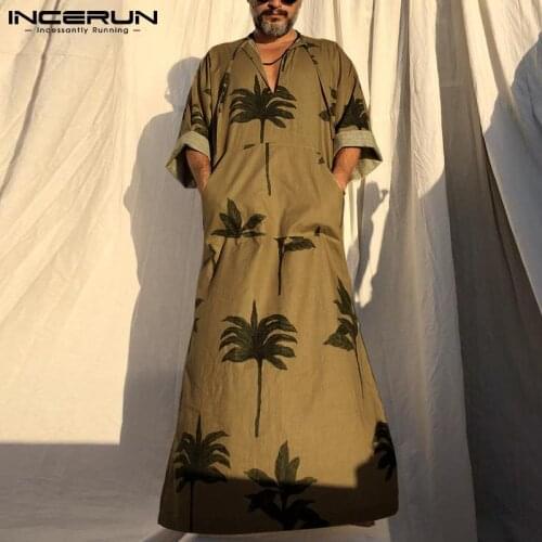 2021 Men Muslim Kaftan Printed V Neck Long Sleeve Pockets Robes Abaya Caftan Dubai Islamic Saudi Arabia Men Jubba Thobe INCERUN