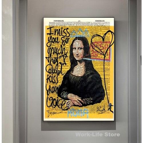 Funny Art Mona Lisa "I MISS YOU SO MUCH" Canvas Paintings Wall Art Posters and Prints Da Vinci Famous Paintings for Living Room