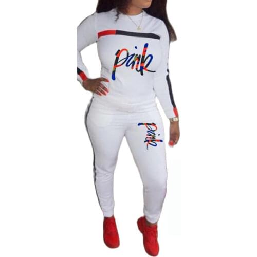 Casual 2 Piece Set Women Pink Letter Print Full Sleeve Women Sweatsuit Autumn Female Stripe Tracksuits Two Piece Sporty Outfits