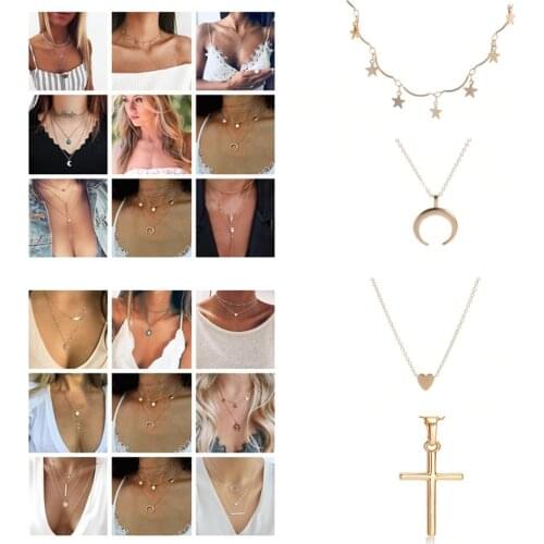 Newest!! Gold Color Vintage Multilayer Crystal Pendant Necklace Women Beads Moon Star Horn Crescent Choker Necklaces Jewelry