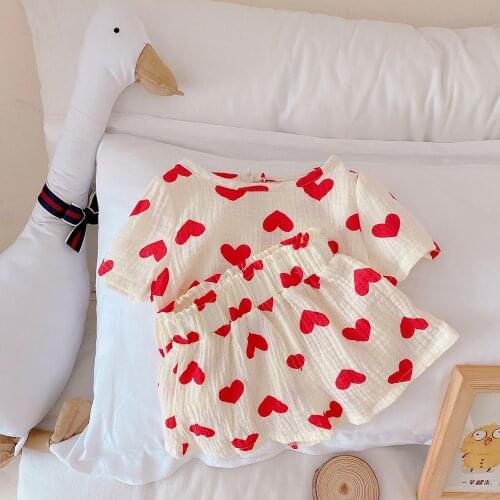 Girls Clothes 2021 New Korean Childrens Summer Love Two Piece Set Cotton Flying Sleeve T-shirt Shorts Set Ct018