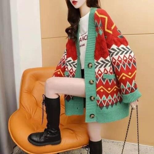 Autumn New Loose Lazy Sweater Cardigan Women Thick Knitted Single-breasted Diamond Panel Jacket