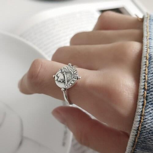Retro Round Coin Charm Medal Portrait Ring For Women Adjustable Stackable Rings 925 Sterling Sliver Disc Rings Boho Jewelry