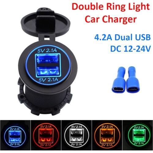 Dual USB Charger Socket 5V 4.2A 2.1A Fast Charging Power Outlet Adapter 2 LED Ring for 12V 24V Car Motorcycle Truck ATV Boat RV
