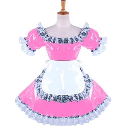 Sexy Maid Outfit Cospaly Game Leather Uniform Skirt White Lace Splicing Maid Kawaii uniform girl pleated skirt With Apron