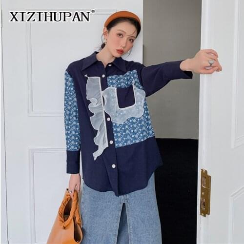 XIZIHUPAN Vintage Patchwork Organza Ruffle Trim Womens Blouse Lapel Long Sleeve Colorblock Floral Print Women Shirt 2021 Style