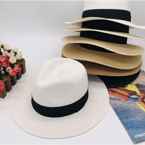 Woman Panama Straw Hat with Belt Summer Fedora Hat for Man Flat Brim Vintage Unisex White SunHat