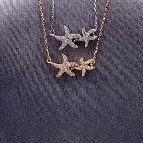 100% Original Sterling Silver S925 Necklae Double Starfish Zircon Diamond Necklace Women Fashion Pendant Clavicle Chain Jewelry