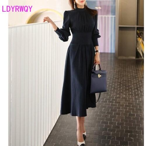 2021 new Korean ladies social collar simple dress female Zippers Full Regular Natural Stand Sheath Office Lady