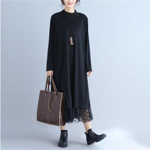 Women Black Dress Mesh Dot Split Joint Fit Long Sleeve O-neck Loose Pullover Vestido Fashion Tide Spring Autumn 2021 Ladies Robe